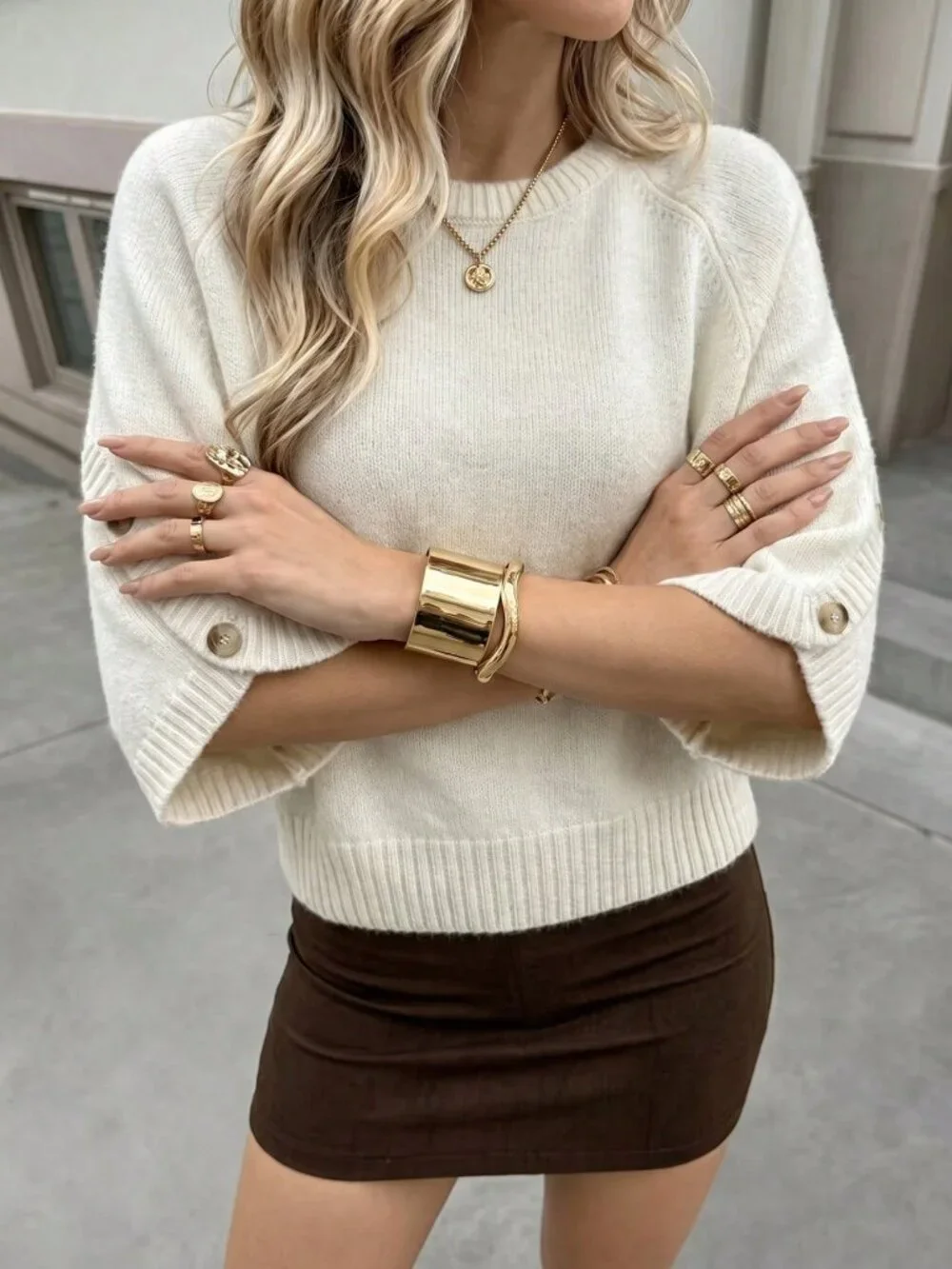 Apricot Casual Women's Round Neck Batwing Sleeve Knit  Sweater Top